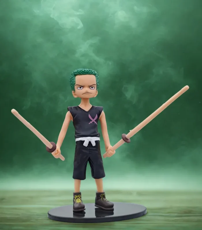 Green-Haired Dual Sword Anime Collectible Figurine – Chibi Warrior-Inspired Mini Statue